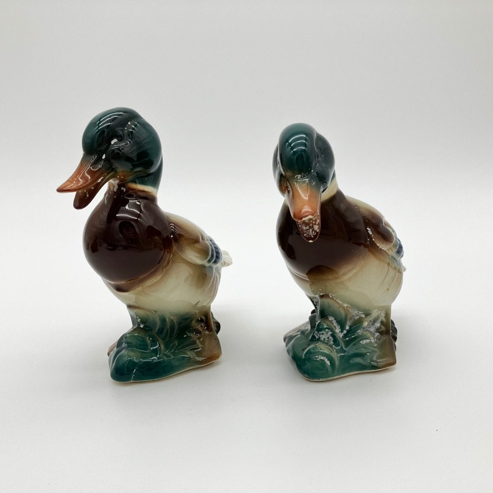 Vintage Ceramic Mallard Duck Figurines Pair Green Brown